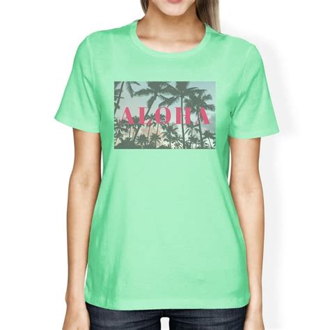 365 Printing Aloha Letter Printed Womens Mint Tropical T Shirt Round