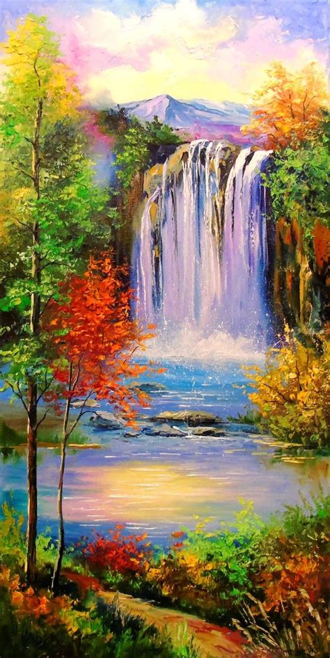 Mountain Waterfal Paintings Impressionism Botanical Floral Land