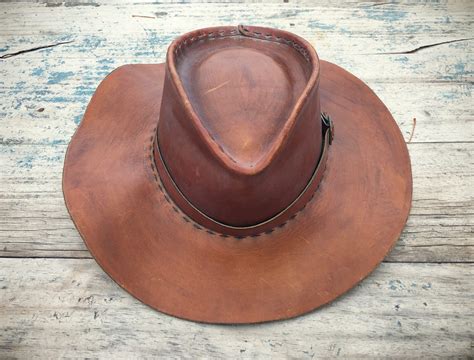 1970s Brown Leather Cowboy Hat Hippie Hat Mens T For Outdoorsman