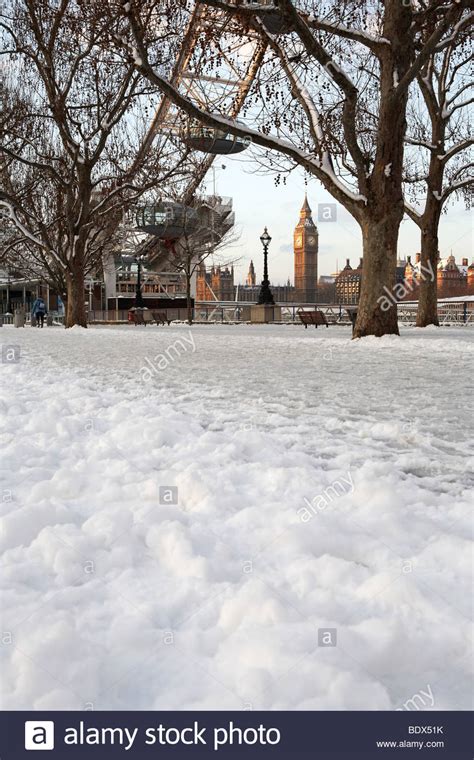 London Big Ben And London Eye In The Snow Stock Photo Alamy