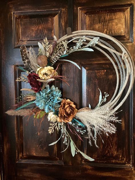 Custom Rope Wreath Adorned With Greenery Silk Flowers Feathers Pods And Antler 20 22 In
