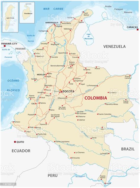 Ilustración De Mapa Con Las Principales Carreteras Y Ríos De Colombia Y