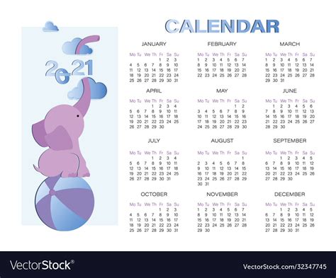Baelephant Calendar 2021 Cartoon Royalty Free Vector Image