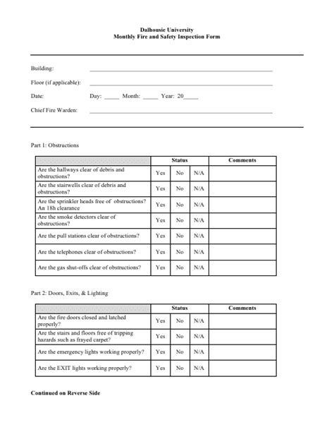Monthly Fire And Safety Inspection Form Download Printable Pdf