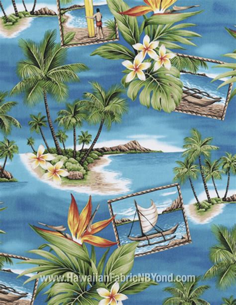 Hawaiian Fabric Pacific Islands Blue Ocean And Floral High Quality