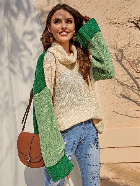 Drop Shoulder Cowl Neck Colorblock Sweater Shein Usa Color Block