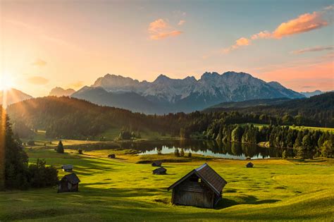Magic Sunrise At Alpine Lake Geroldsee View To Mount Karwendel Garmisch
