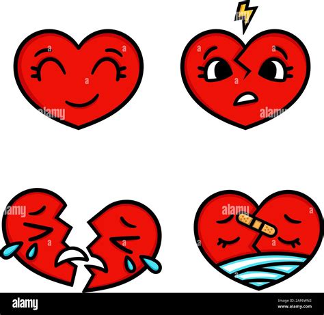 Caricatura Emoticono Corazones Feliz Triste Rota Doodle Estilo