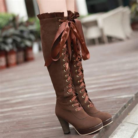 Sexy Bow Lace Up Knee High Heeled Boots On Luulla