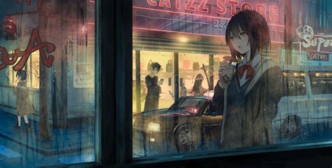 Wallpaper Anime Girls City Original Characters Night View Rain