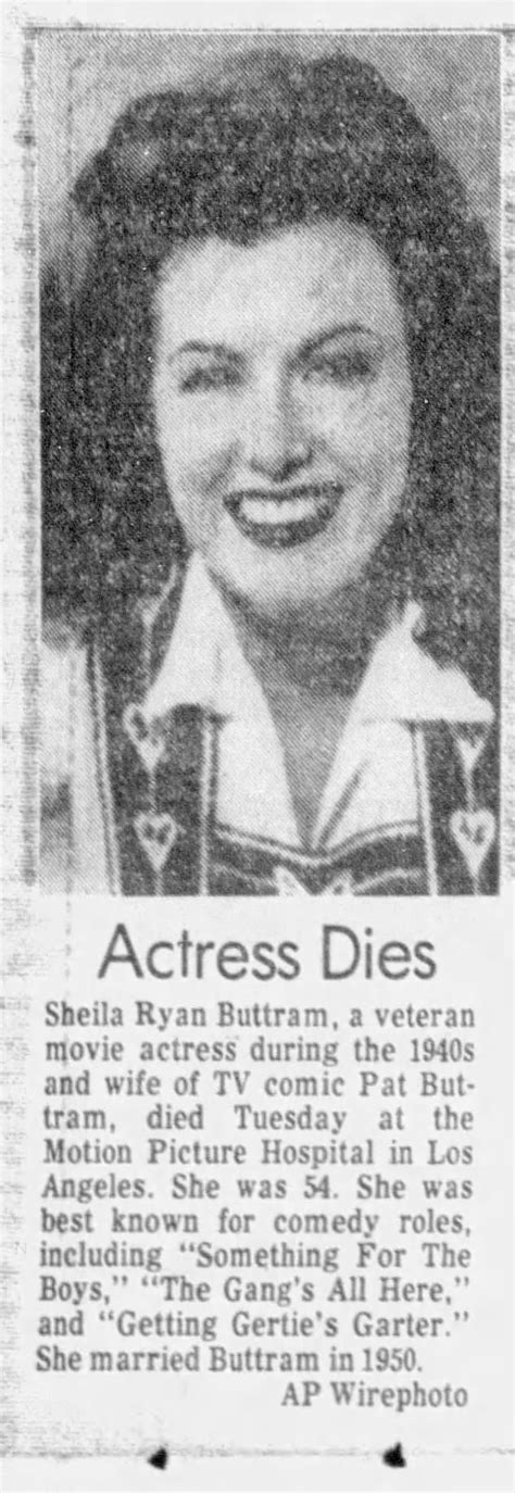 Death Announcement For Actress Sheila Ryan Wife Of Pat Buttram ™