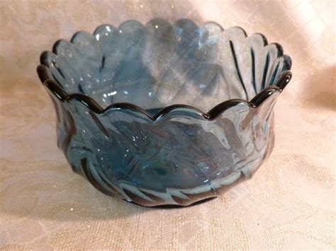 Blue Glass Serving Bowl With Scalloped Edge Intricate Design On Bottom Pretty Display Beautiful