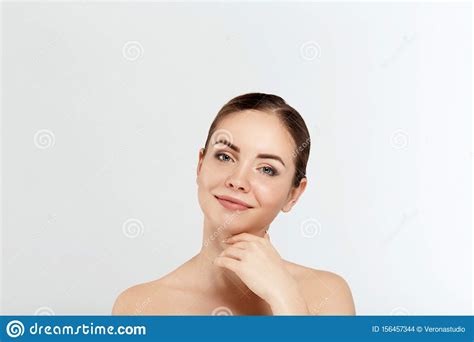 Beautiful Young Woman With Clean Fresh Skin Touch Own Face Facial Treatment Cosmetology