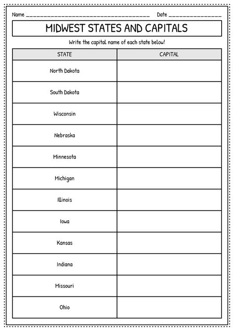 Midwest States And Capitals Quiz Printable