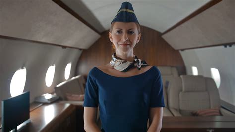 Portrait Of Young Air Hostess Inside Of Private Jet Cabin Stock Video