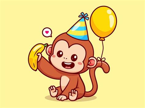 A Cartoon Monkey Holding A Banana And Wearing A Party Hat