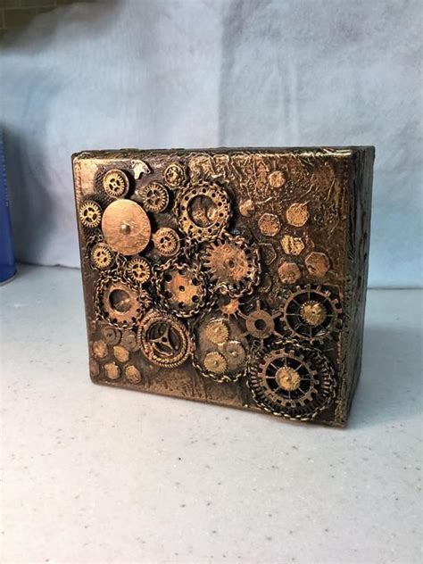 Steampunk Wood Box Assemblage Mixed Media Copper With Gear Motif