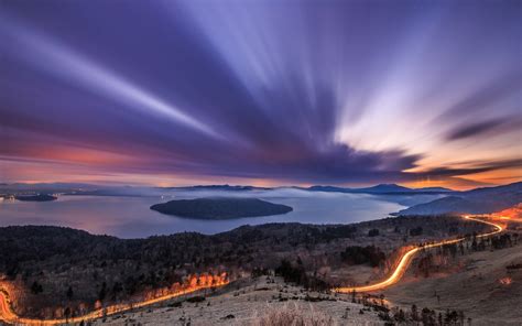 Nature Landscape Long Exposure Sunset Clouds Hill Mountain Water Lake Light Trails