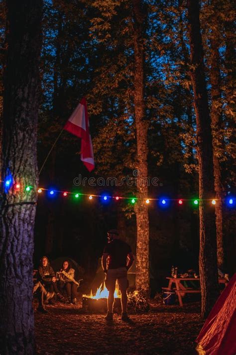 Vertical Shot Of The Camping With Friends In The Woods At Night