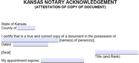 Free Kansas Notarial Certificate Attestation Of A Copy Pdf Word