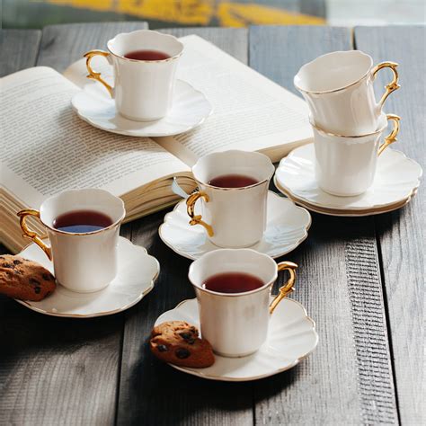 Btät Espresso Cups And Saucers Set Of 6 Demitasse Cups 24 Oz With Gold Trim And T Box