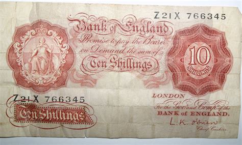 Banknote Bank Of England 10 Shillings 1955 Signed By L K Obrien