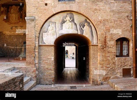 courtyard 14th century palazzo del popolo civic museum san gimignano tuscany italy stock