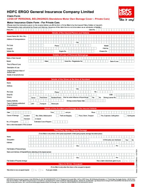 Fillable Online Claim Form Standalone Odcdr Hdfc Ergo Fax Email