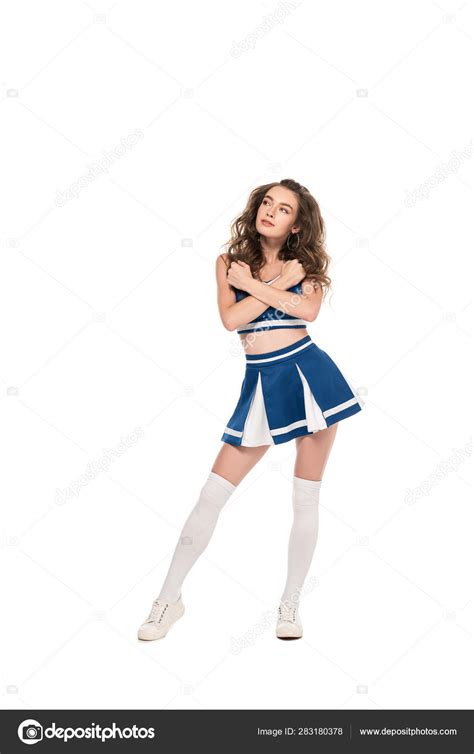 Sexy Dreamy Cheerleader Girl Blue Uniform Crossed Arms Looking Away