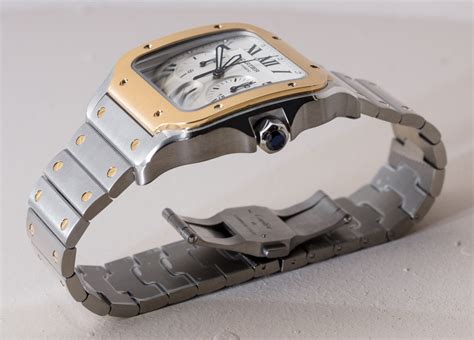 Stainless steel with black adlc bezel, stainless steel with yellow gold bezel, and rose gold dial color: 2019 年全新 Cartier Santos Chronograph 腕表評測 | aBlogtoWatch