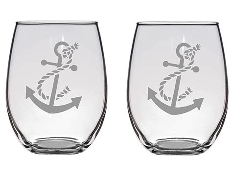 Nautical Anchor Etched Stemless Wine Glasses Set Of 2 4 6 8 20 5oz Glassware Set