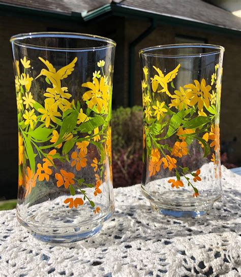 Libbey Vintage Hummingbird Glasses Set Of Two Five Inch Glasses With Orange Green And Yellow