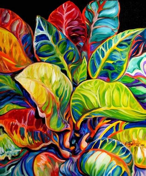 A Painting Of Colorful Leaves On A Black Background