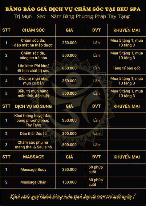 bảng giá dịch vụ seoul spa bảng giá dịch vụ melispa ngày 11