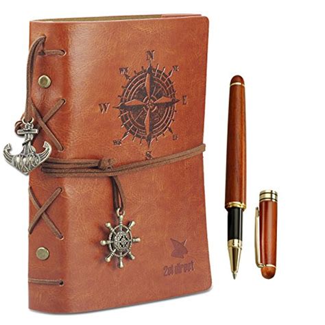 Leather Writing Journal Notebook With Rosewood Ballpoint Pen Set Boxed