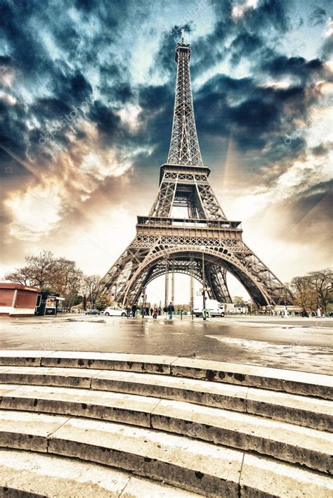 Paris Gorgeous Wideangle View Of Eiffel Tower With Stairs Stock Photo