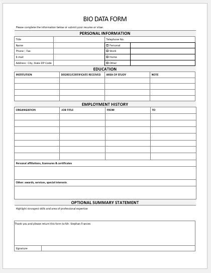 Bio Data Form Templates For Ms Word Word And Excel Templates