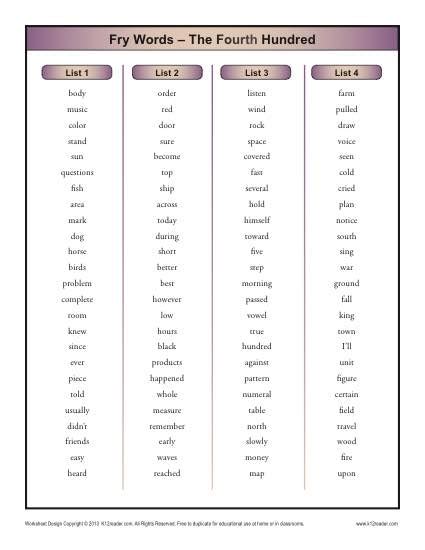Fry Word List Fourth 100 Printable Sight Word Lists