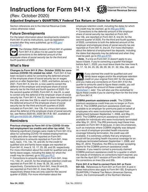 Download Instructions For Irs Form 941 X Adjusted Employers Quarterly