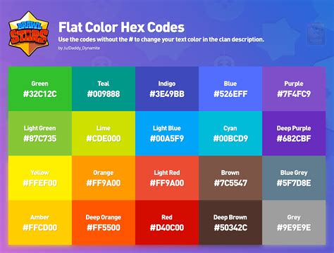 Throughout the course of time, supercell has introduced updates to brawl stars that fix bugs, balance events and/or introduce new brawlers or features. Flat Colors Hex Code Sheet: Use them to change your clan ...