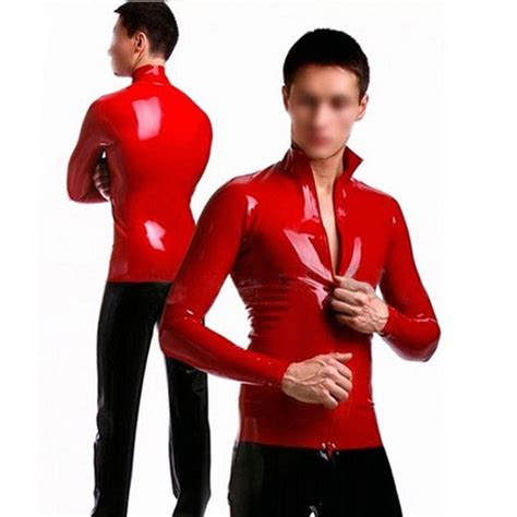Mens Latex Stretch Coat Red Rubber Mens Top Front Zipper