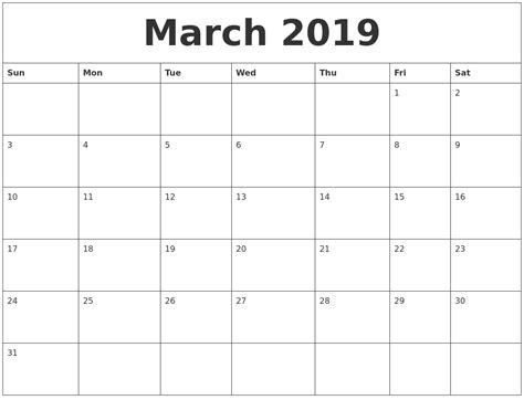 March 2019 Weekly Calendars