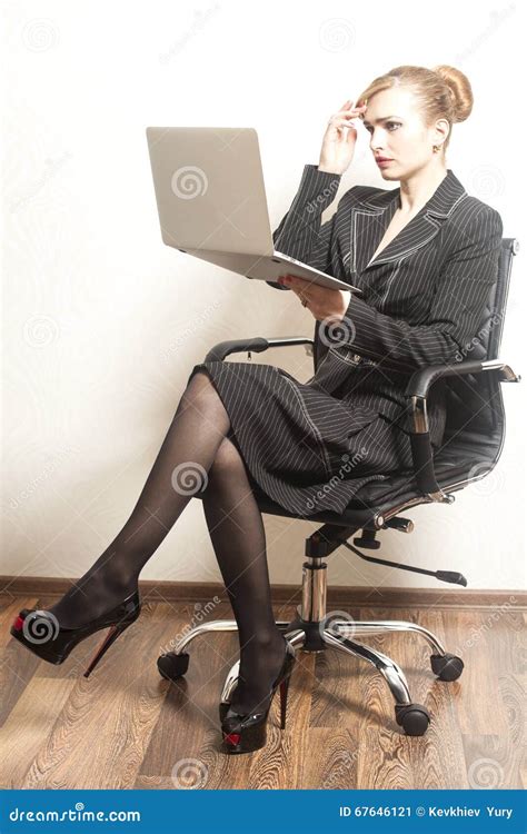 Businesswoman Sits On Chair And Work Stock Image Image Of Jacket