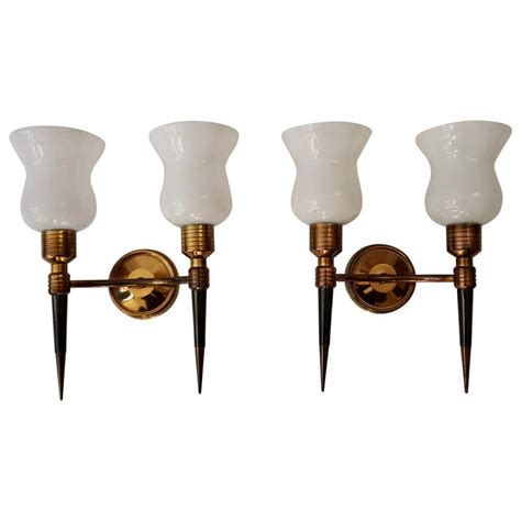 Chic Pair Of French Art Deco Brass And Opaline Torch Sconces At 1stdibs
