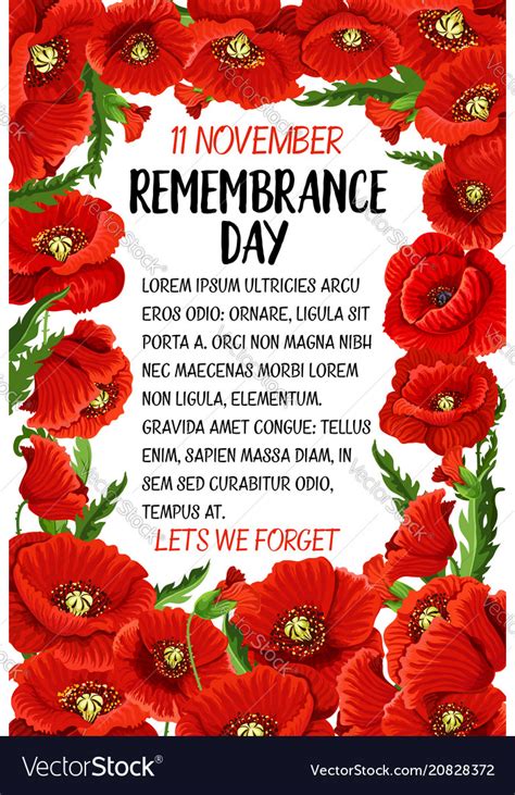11 November Remembrance Day Poppy Card Royalty Free Vector