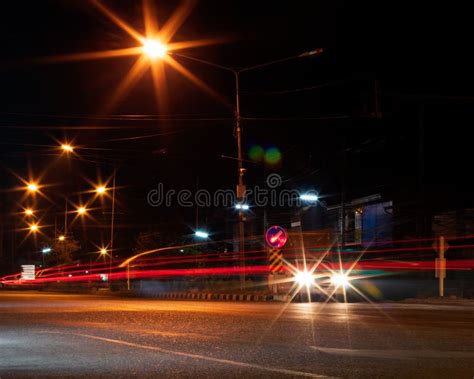 Car Headlights And Night Street Lamps Stock Image Image Of Nature