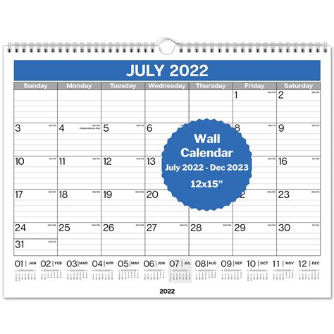 Dunwell Large Wall Calendar 2022 2023 12x15 18 Months July 2022 To