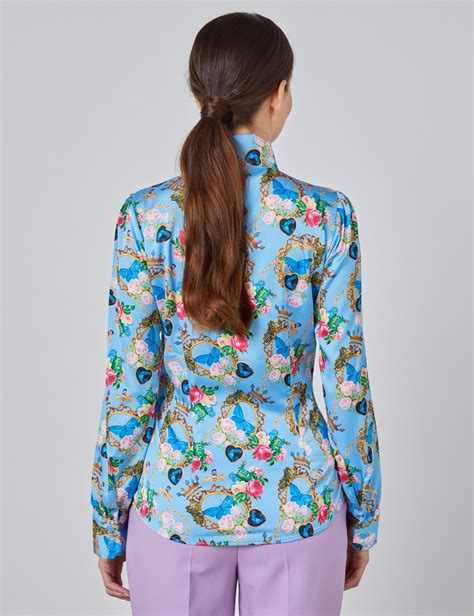 women s light blue and yellow floral fitted satin blouse single cuff pussy bow hawes and curtis