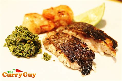 Low Fat Recipes Roasted Sea Bass With Indian Coriander And Coconut Chutney The Curry Guy