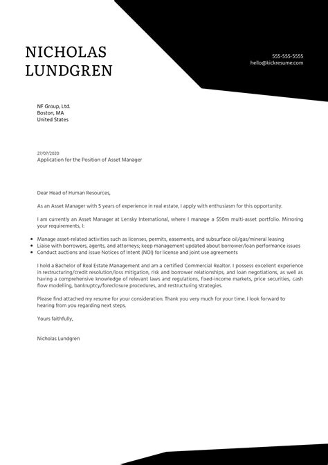 Portfolio manager cover letter sample 1 dear mr jackson it gives me great pleasure to present my credentials for the post of portfolio manager vacant in your organization. Asset Manager Cover Letter Example | Kickresume